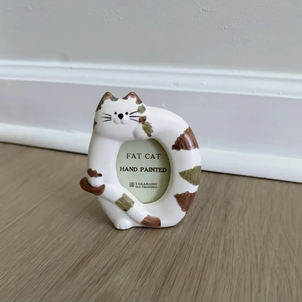 Hand Painted Takahashi Fat Cat Ceramic Photo Frame Made In Japan Vintage